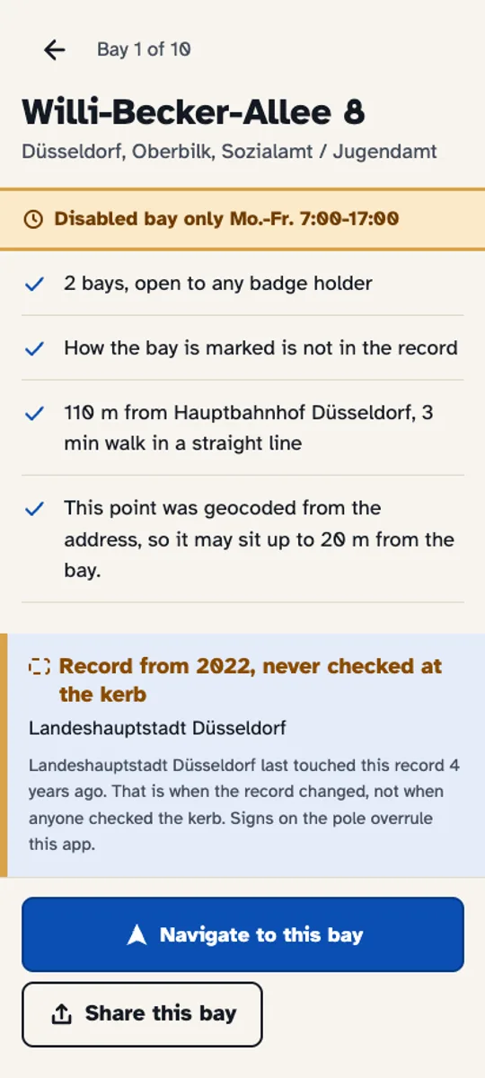 One bay in detail: its source, how old the record is, and what other drivers reported.