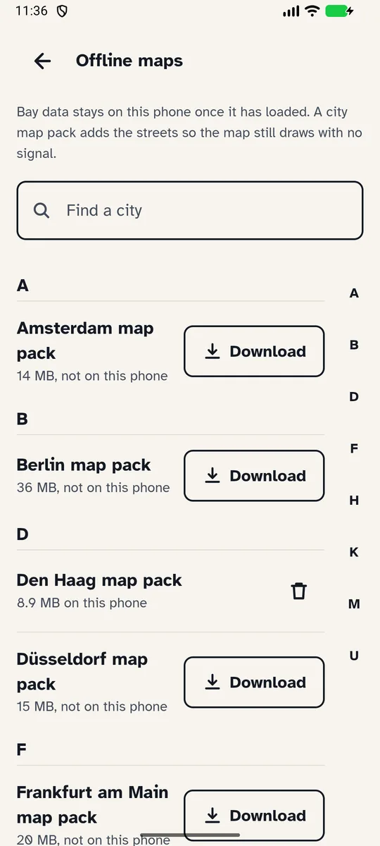 The offline maps list, with city packs to download.