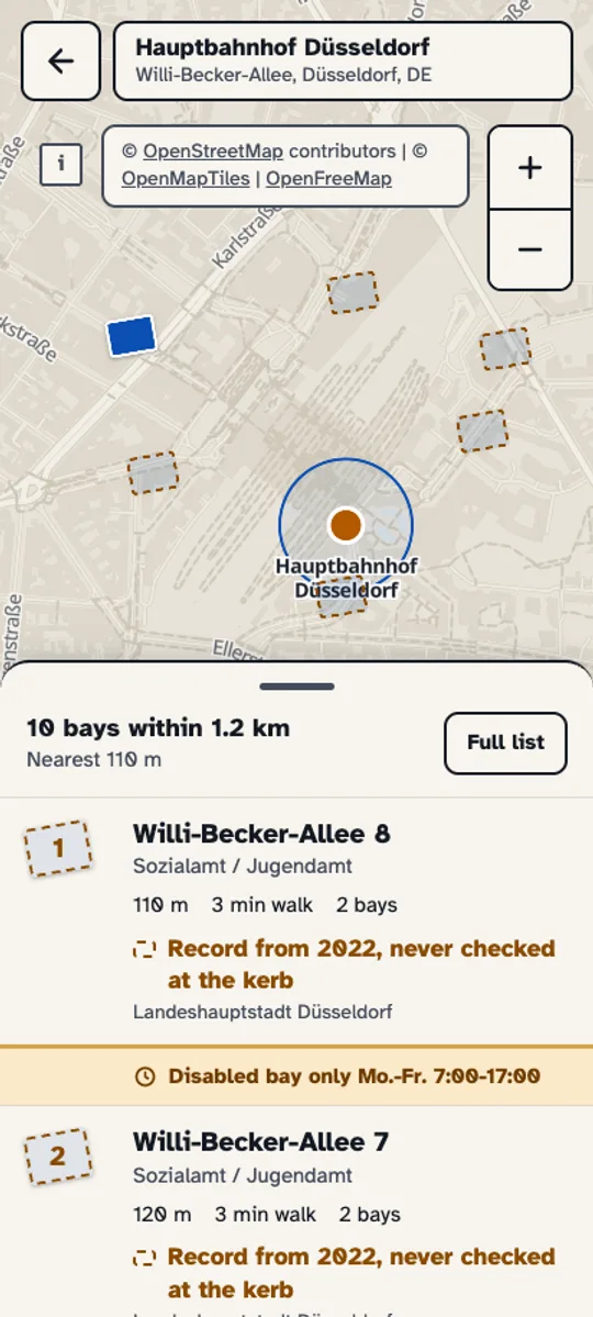 Map around Düsseldorf main station with numbered bay markers, and a list below: ten bays within 1.2 km, the nearest 110 metres away.