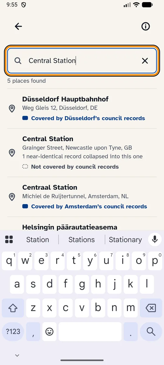 Searching for a destination, with nearby places listed first.
